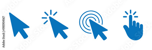 Cursor arrow icons, hand click symbols, black and white vector illustration, digital interaction design, user interface pointer graphics, tapping motion artwork. cursor icon. Computer click icon set. 