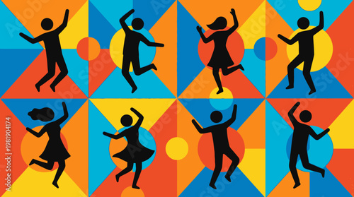 Vibrant geometric pattern with dancing silhouettes.
