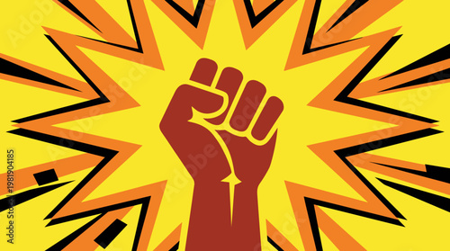 Graphic illustration of raised fist with explosion.