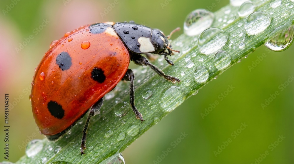 Fototapeta premium Ladybug climbing stem, soft focus background, natural light