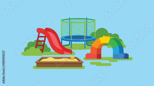 Colorful playground with slide and trampoline.