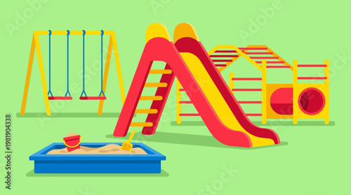 Colorful playground with slide and swings.