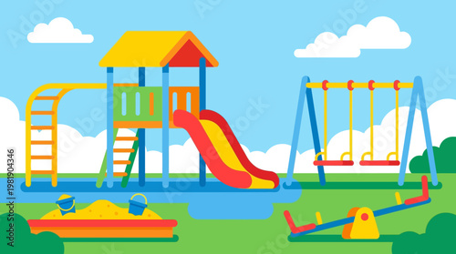 Colorful playground with swings and slides.
