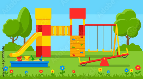 Colorful playground with swings and slide.