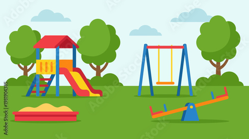 Colorful playground with swings and slides.