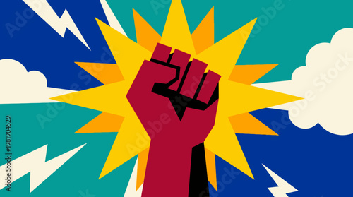 A clenched fist with a starburst background.