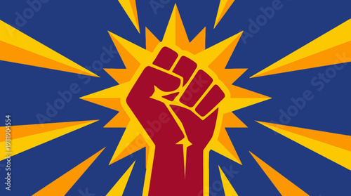 Raised fist with sunburst background symbol.