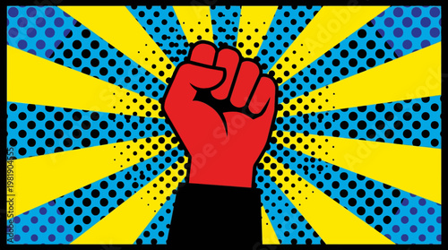 A raised fist with a pop art background.