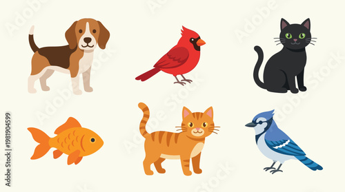 Collection of cute cartoon pets and animals.