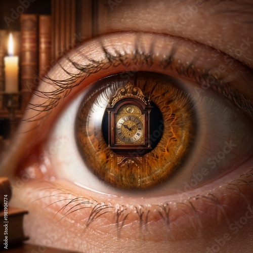 Ein Auge in Nahaufnahme - Eine Uhr spiegelt sich in der Pupille