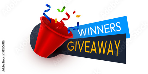 Winners Giveaway banner with festive party popper, confetti, and ribbons. Ideal for promotion and celebration. Vector illustration.