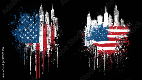 Graffiti-style American flag icons splash across a dark urban cityscape skyline in the USA.