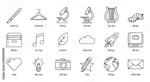 Single outline icon set 18 mixed objects vector web mobile editable stroke icons