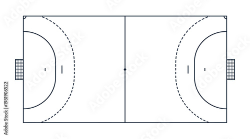 Handball Court: A detailed, overhead view of a handball court. Featuring distinct boundary lines, goals, and key areas for play. The strategic design for intense competition.