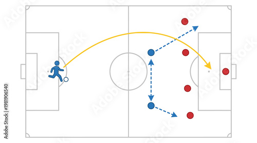 Football Strategy: Illustrative overview of a football play in action, depicting the trajectory of the ball and the movement of players across the field. 