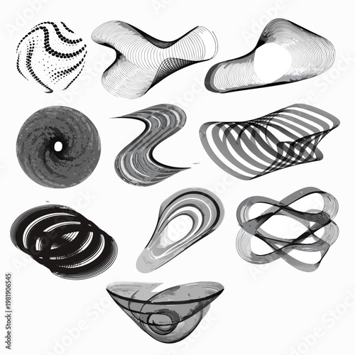 A set of the summary designs with dots and lines in halftone gradation. Fluid turned layouts, standard pixel colour gradients, while current black and white textures for brochures, banners, pages on t