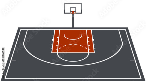 Basketball Court Perspective: An elevated view of a meticulously crafted basketball court, complete with all markings, providing a comprehensive illustration of a sports arena
