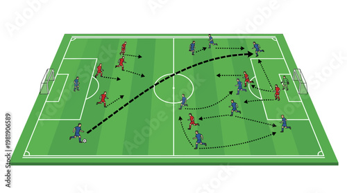 Tactical Soccer Play: A dynamic illustration showing a soccer game plan. The players are in action on a green field and the play is mapped out with a dashed line.