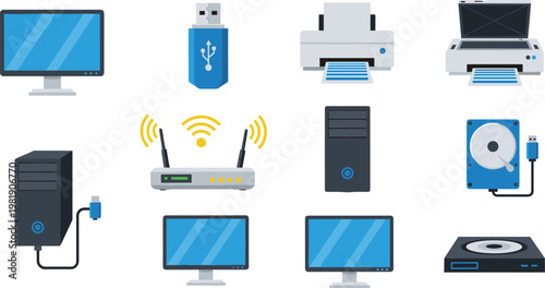 Collection of flat vector computer hardware icons including monitor printer scanner wifi router usb drive and hard disk isolated on white for tech design