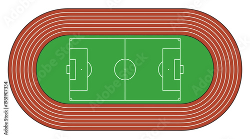 Stadium Arena: A bird's-eye view of a meticulously designed stadium, showcasing the vibrant green field surrounded by a circular running track