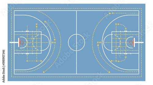 Basketball Court Layout: Top-down view of a basketball court with lines for various plays and formations, offering a strategic overview of the game.