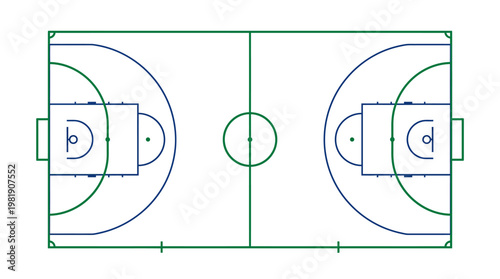 Basketball Court Layout: Top-down view of a basketball court, meticulously designed for strategic gameplay. Featuring all essential lines and markings