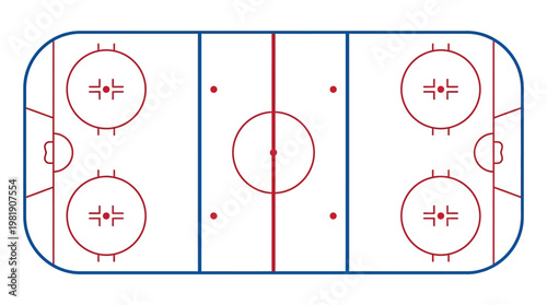 Ice Hockey Rink Overview: An overhead perspective of an ice hockey rink, detailing its key features and markings.