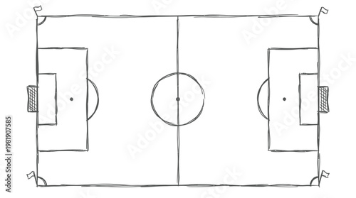 Soccer Field Blueprint: An overhead perspective of a meticulously drawn soccer field with the strategic layout of the pitch. Emphasizing key elements to guide any soccer game.