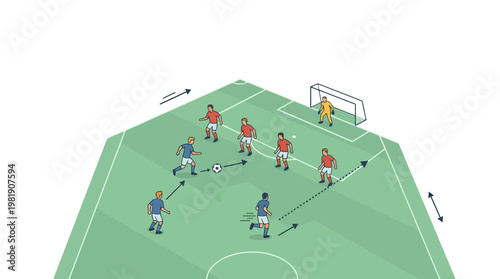 Soccer Tactics: A detailed illustration showcases the strategic deployment of players on a soccer field, outlining tactical formations and game plan strategies.
