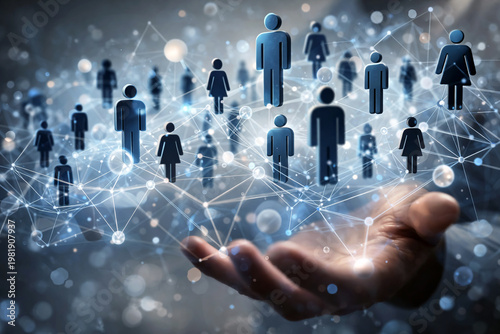 Hand gesture showcases a complex network of glowing human silhouettes connected by intricate lines representing global organizational management and digital social structures.