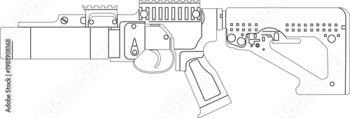 Drawing of a Steyr GL 40 grenade launcher side view vector illustration. Grenade launcher vector drawing.