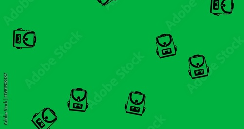 Digital animation of multiple school bag icons falling against white background