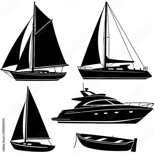 Different types of boats and yachts in black silhouette on a transparent background showing various designs and sizes for marine activities vector graphics icon sheet set