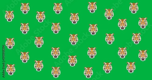 Digital animation of multiple tiger face icons against black background