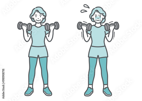 ダンベルトレーニングをするシニア女性の比較セットイラスト