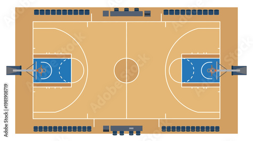 Basketball Court Perspective: An elevated, detailed view of a basketball court, featuring the court lines, hoops, and seating, offering a complete perspective of the game arena.