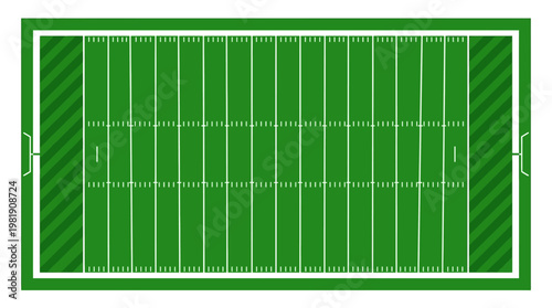 American Football Field: A detailed, bird's-eye view illustration of an American football field, showcasing the precise layout with yard lines, end zones, and sidelines, ready for action.