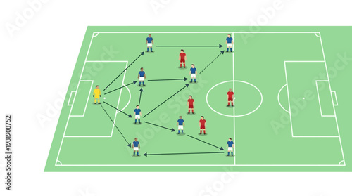 Soccer Tactical Formation: An illustrative depiction of a soccer field with strategic player positions and passing lanes, showcasing tactical maneuvers and game strategy.