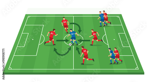 Tactical Football Play: A dynamic illustration captures the strategic choreography of a football match, showcasing players in action on a vibrant green field.