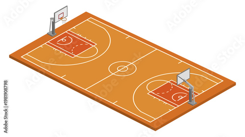 Basketball Court Overview: Isometric perspective of a basketball court, rendered in a warm, inviting color palette. Focus on the court's structural design and sport specific zones.