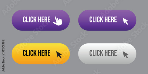 click here web button set with hand cursor and arrow pointer icons for interface design. Colorful call to action elements. Vector Illustration.