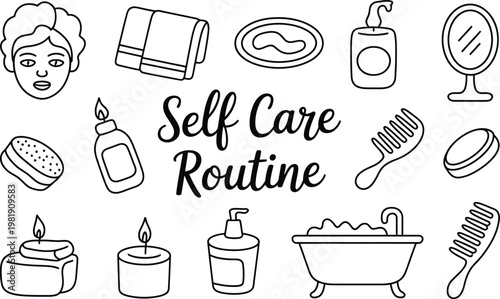 Self care routine text surrounded by black and white line of a face mask, towel, soap, lotion, mirror, sponge, candles, combs, and a bathtub with bubbles on a white background