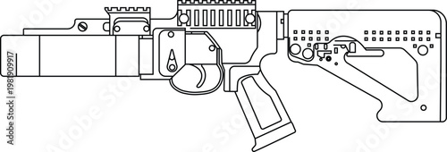 Drawing of a Steyr GL 40 grenade launcher side view vector illustration. Grenade launcher vector drawing.