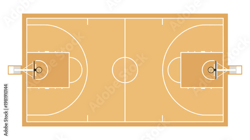 Overhead view of a full basketball court with all markings, hoops, and backboards visible on a wooden floor.