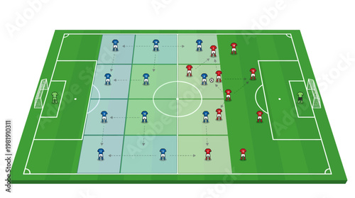 Football Strategy: A bird's-eye view of a football pitch unveils a strategic layout of players, emphasizing formations, zones, and tactics. A detailed representation of the game’s core elements.