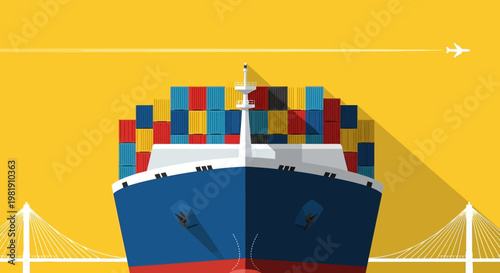 Colorful container ship gliding beside a bright harbor with stacked cargo containers at sea.