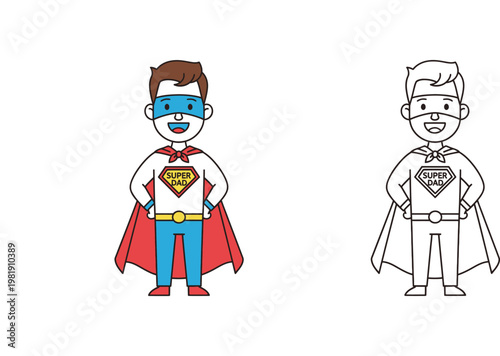 Super dad cartoon superhero character vector illustration, colored and black and white outline version for coloring book page, happy Father's Day concept.
