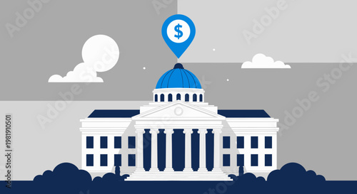 Stylized Capitol Building Illustration with a Floating Financial Symbol Above the Dome.