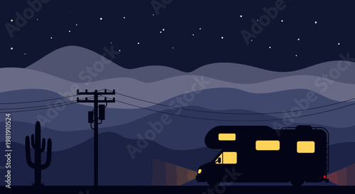Nighttime train journey through a desert landscape with starry sky and silhouettes.