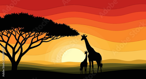 Silhouetted giraffes under a vibrant sunset over a savanna landscape with acacia trees.